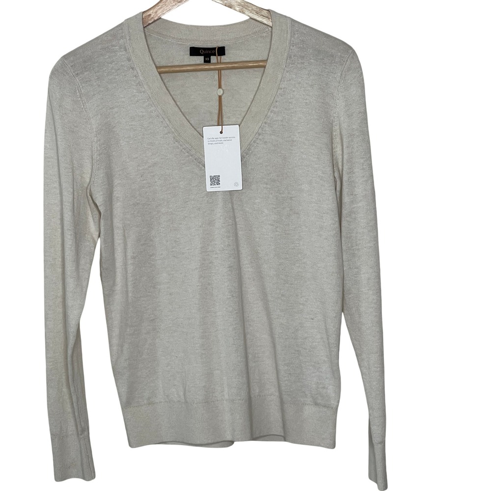 Quince Womens Organic Cotton Cashmere‎ V-Neck Sweater Oatmeal Heather XS NWT
